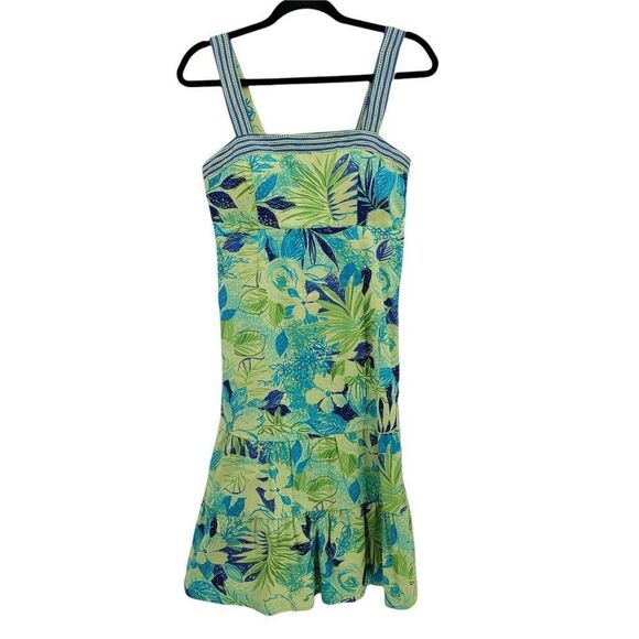 80's Tropical Cotton Tiered Ruffle Drop Waist Prairie Apron Dress‎ Green Sz 8 - Picture 5 of 11